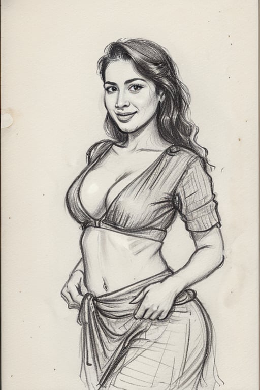 A sultry Malayali beauty, 35 years young and radiant. Charcoal art brings her to life in a portrait sketch of raw elegance. She smiles seductively, wearing only a loose shirt that drapes effortlessly from her waist. The charcoal lines are bold and expressive, capturing the high clarity and good proportions of her curvy figure. A masterpiece unfolds as the pencil sketch takes shape, revealing a stunning work of art.