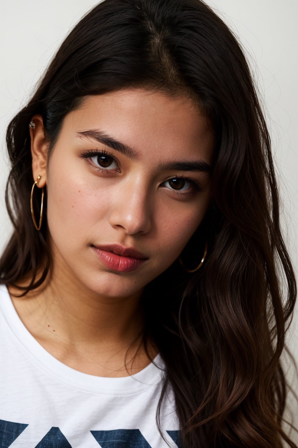 RAW photo, photo of an indian canadian girl named Sanya Foster((24yo)), (wavy_long_hair), close_up_photo, looking_at_viewer, ((brown_eyes)), wearing t-shirt,photorealistic, ((round_face))