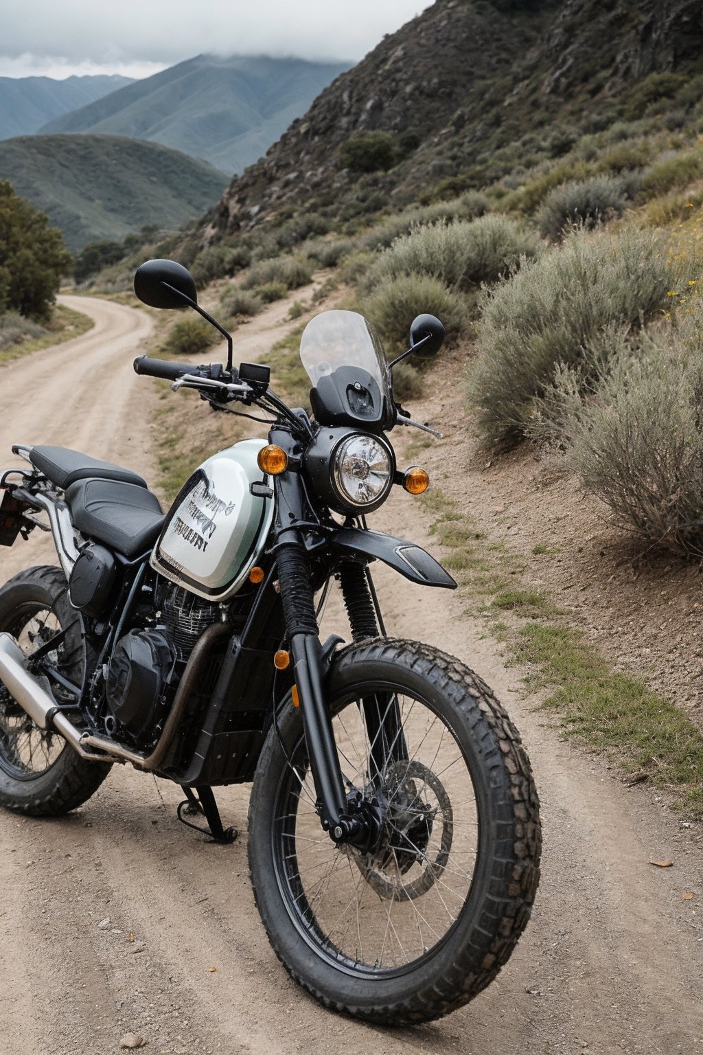 RAW photo, photo of adventure bike named Royal Enfield Himalayan, Black bike, ((no_humans))