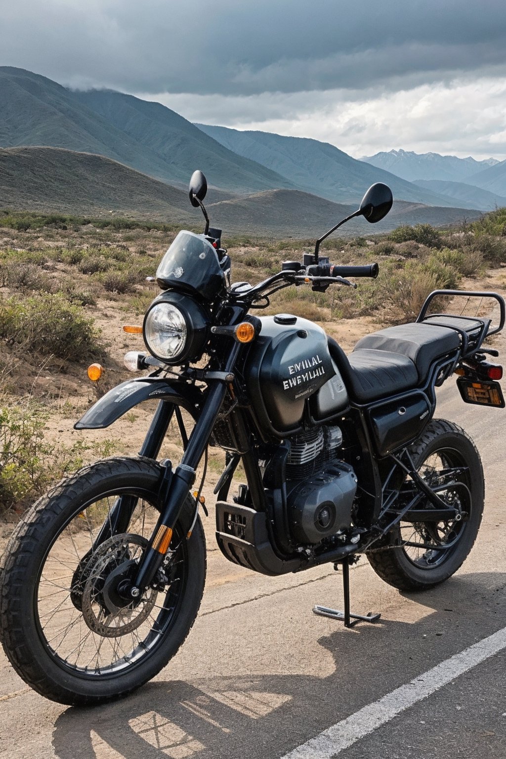 RAW photo, photo of adventure bike named Royal Enfield Himalayan, Black bike, ((no_humans))