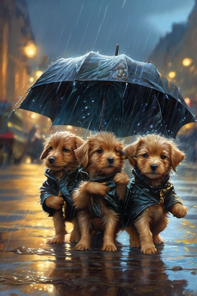 Hyper-detailed  painting, Jean-Baptiste Monge style, a gang of cute little puppies gathered in the rain  under an single black long raincoat, splash, glittering, cute and adorable, filigree, lights, fluffy, magic, surreal, fantasy, digital art, ultra hd, hyper-realistic illustration, vivid colors,  UHD, cinematic perfect light,greg rutkowski