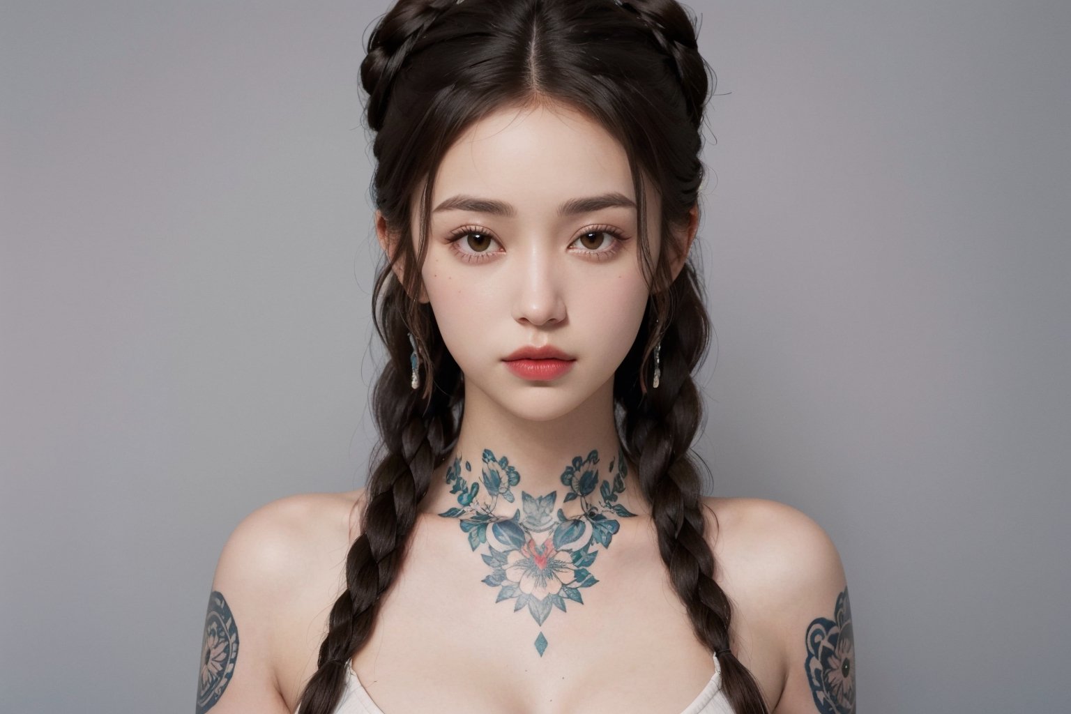 a woman with a tattoo on her chest,  long braided hair on top of head,  doja cat by Bones  on Tensor.Art