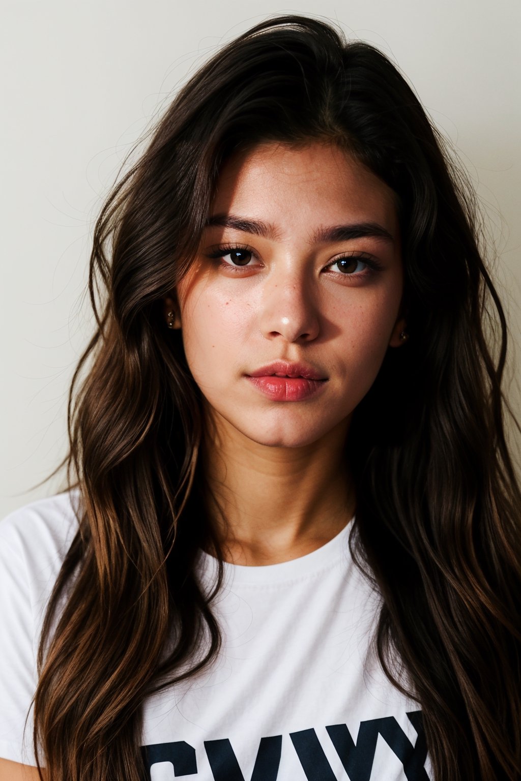 RAW photo, photo of an indian canadian girl named Sanya Foster((24yo)), (wavy_long_hair), close_up_photo, looking_at_viewer, ((brown_eyes)), wearing t-shirt,photorealistic