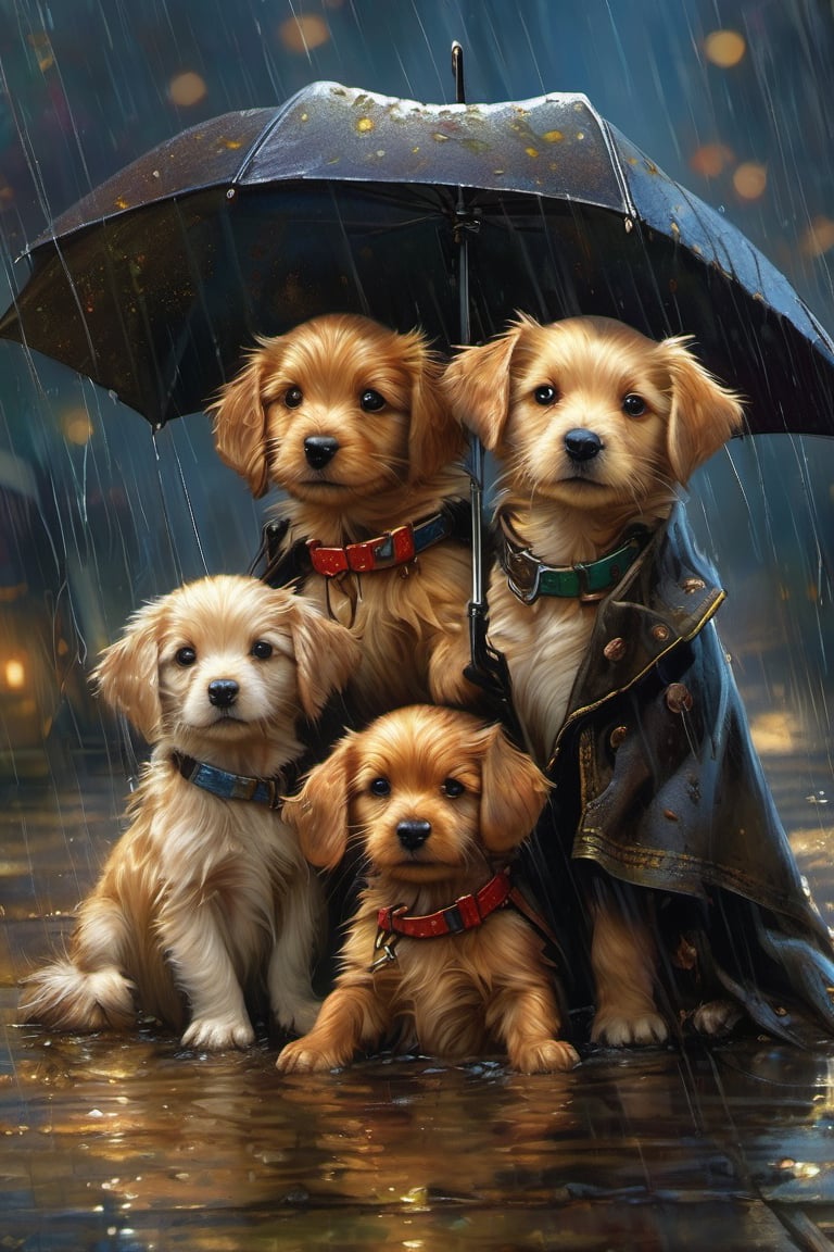 Hyper-detailed  painting, Jean-Baptiste Monge style, a gang of cute little puppies gathered in the rain  under an single black long raincoat, splash, glittering, cute and adorable, filigree, lights, fluffy, magic, surreal, fantasy, digital art, ultra hd, hyper-realistic illustration, vivid colors,  UHD, cinematic perfect light,greg rutkowski