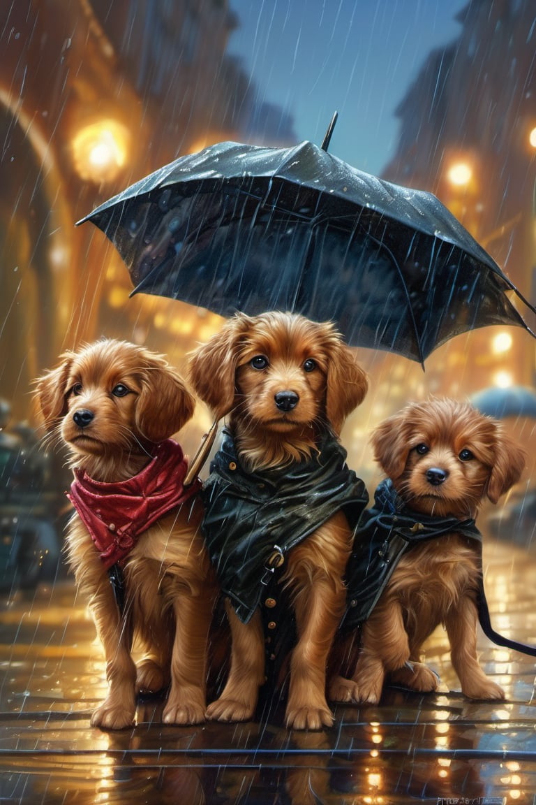 Hyper-detailed  painting, Jean-Baptiste Monge style, a gang of cute little puppies gathered in the rain  under an single black long raincoat, splash, glittering, cute and adorable, filigree, lights, fluffy, magic, surreal, fantasy, digital art, ultra hd, hyper-realistic illustration, vivid colors,  UHD, cinematic perfect light,greg rutkowski