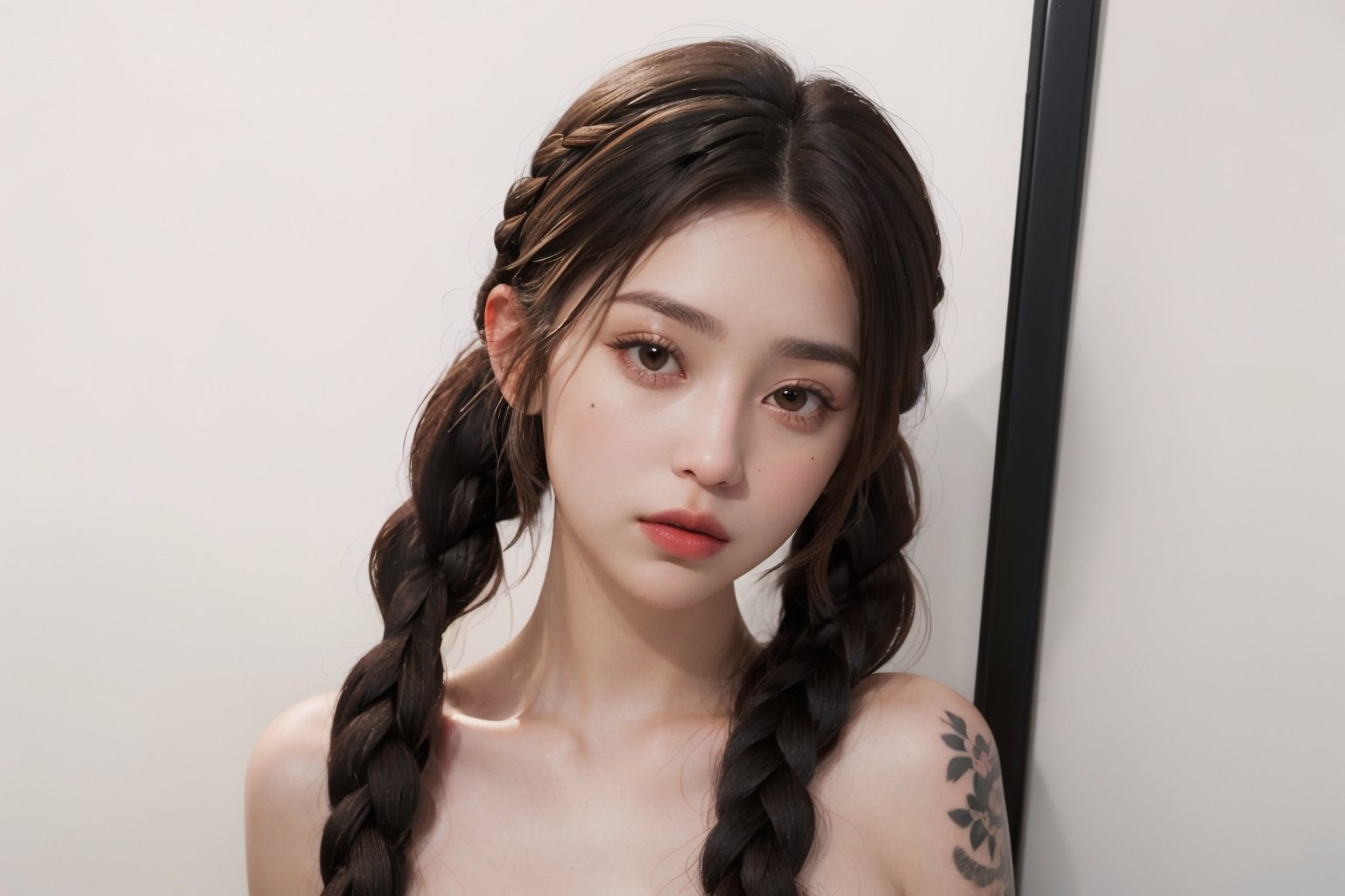 a woman with a tattoo on her chest,  long braided hair on top of head,  doja cat by Bones  on Tensor.Art