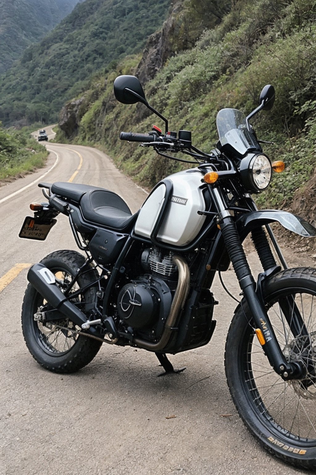 RAW photo, photo of adventure bike named Royal Enfield Himalayan, Black bike, ((no_humans))