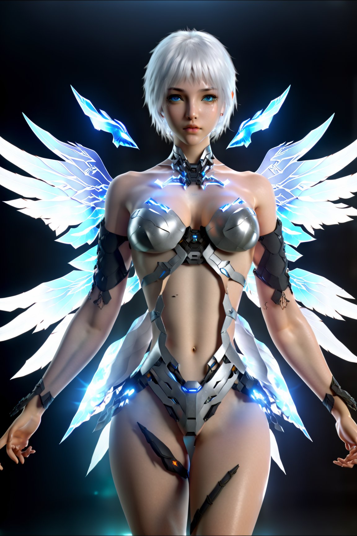 surreal photo of a girl, blue eyes, white hair, huge breasts, centered, symmetrical, cyborg, intricate detailed, realistic, fujifilm, 8k, HDR, cyborg style full body naked