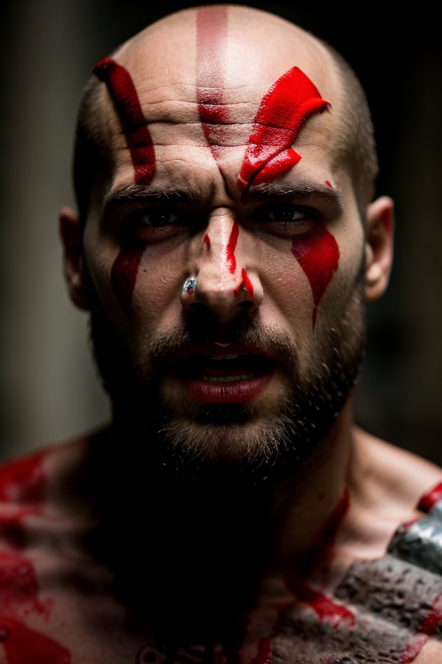 closeup face photo of cratos god of war 
With blood in his face angry 