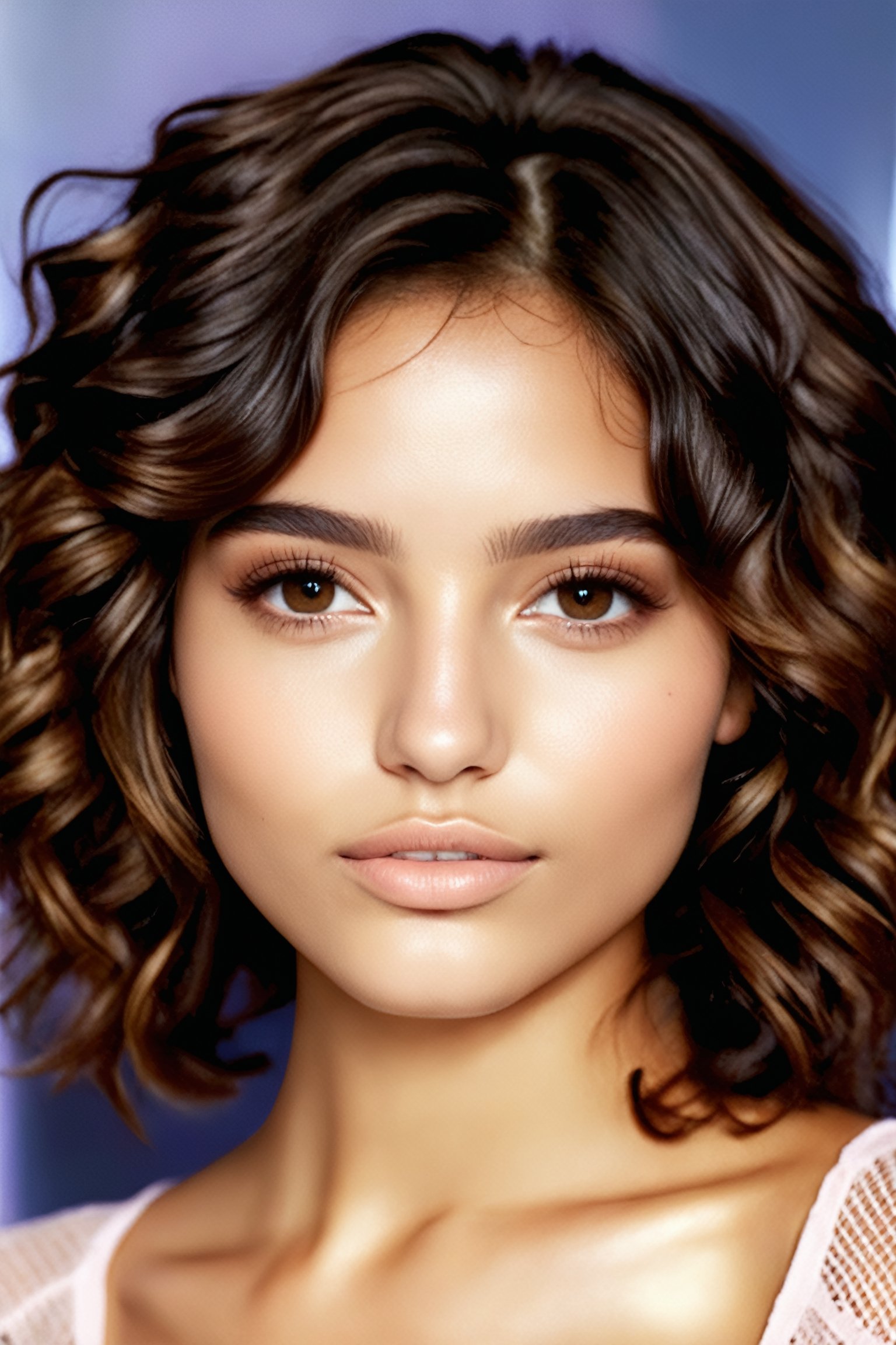 Raw, Hi_res, Medium shot of a breathtakingly beautiful Mexican woman, 22 years old, with stunning features. She is in front view, ((she its looking down, with hwr head tilted downward:2.0)), with a soft, natural light casting a warm glow. Her violet semi-curly short hair is messy and unkempt, framing her face with intricate details. Her brown eyes sparkle with a subtle smile, showcasing small expression lines that add to her charm. Her perfect teeth gleam, complemented by a short nose and perfectly drawn ears. A discreet makeup job enhances her natural beauty, while her highly detailed hair falls in loose waves around her face. The overall effect is a masterpiece of photorealistic concept art, exuding a sense of sexiness, charm, and alluring elegance.