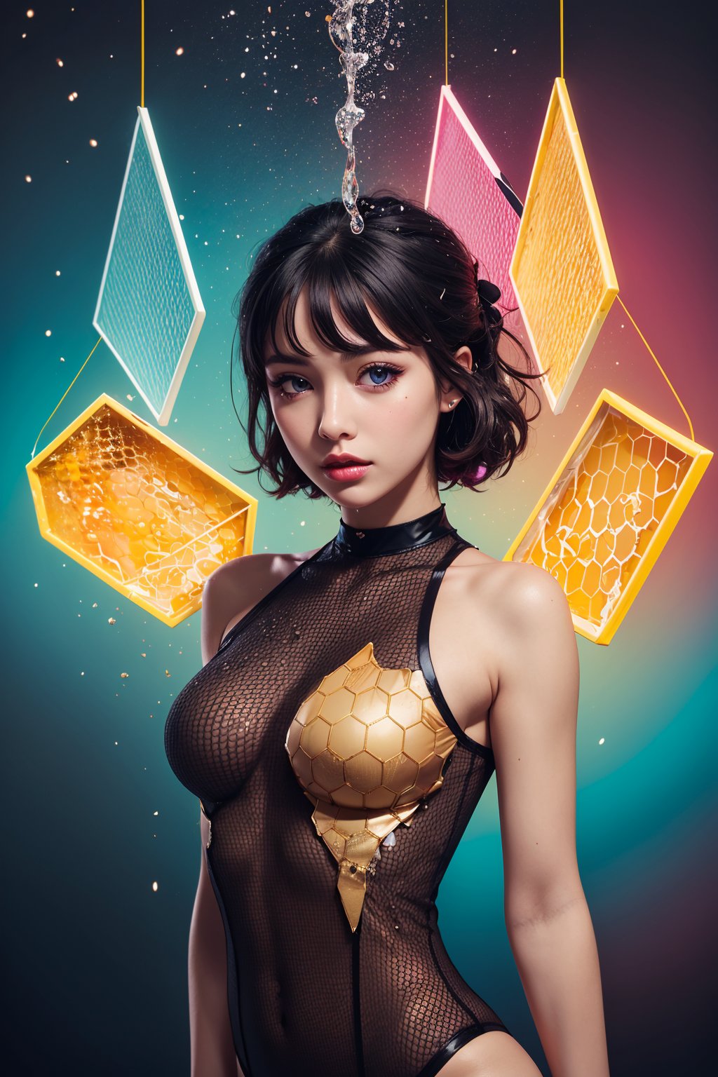 masterpiece, best quality, 1girl, open eyes, looking the camera, upper body, splashing, abstract, psychedelic, neon, (honeycomb pattern), (creative:1.3), sy3, SMM, fantasy00d, hands behind back,