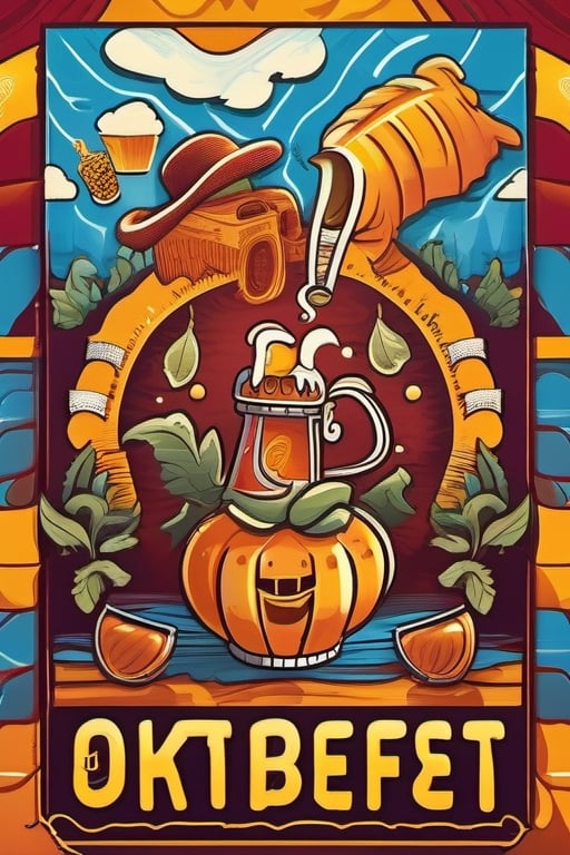 A vibrant graffiti & street art inspired poster for ((Oktoberfest 2023:1.3)), featuring a lively and energetic scene with spirited individuals hoisting steins of frothy beer amidst swirling splashes of bold colors. The composition should exude a sense of celebration and community, with dynamic brushstrokes and tags capturing the essence of the festival's atmosphere. Incorporate a range of warm and inviting hues, such as fiery oranges, electric yellows, and deep reds, to evoke the excitement and warmth of the event.