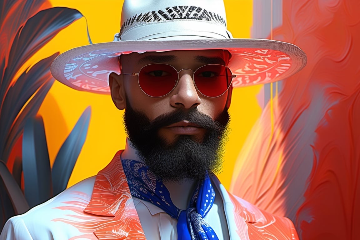 Create a digital painting of a male figure with a stylized, ethereal appearance. The subject has a full beard and mustache that appear wispy and merge organically with the abstract, fluid lines of the image. The subject wears oversized sunglasses obscuring the eyes and a wide-brimmed hat casting a shadow over the forehead; both accessories possess a softly glowing outline suggesting a light source not visible in the image. The subject's attire includes a patterned bandana tied around the neck, predominantly red with hints of white and blue, and an indistinct jacket and shirt beneath, their textures and colors resembling a water-like translucency. Notably, the image boasts a neon palette, dominated by bright, electric blues, cool whites, and contrasting warm spectrums of yellows to dark reds. The overall effect is reminiscent of a neon light display. The subject is centrally framed against an entirely black background, with abstract shapes reminiscent of leaves swirling around in a dispersed pattern, each shape reflecting the image's surreal, neon aesthetic