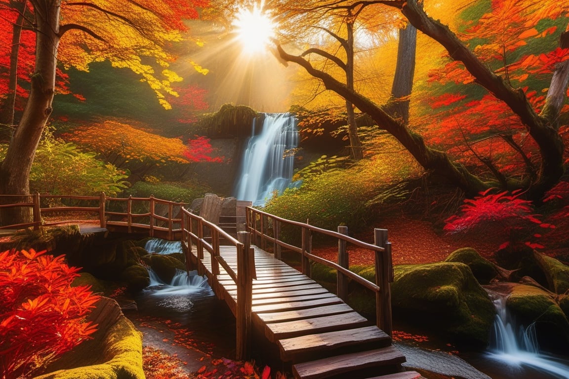 A vibrant, enchanting forest with a wooden bridge, colorful trees, radiant light, and a small waterfall.