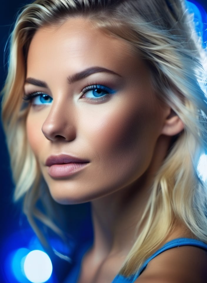 create a portrait of a woman, centered image, blond hair, detailed glossy eyes, real human skin,  natural skin, skin pores,  blue lights, strobe light with a blue gel filter to give the image a futuristic feel, editorial photography, (realistic, photo-realistic ,photo-realistic:1.37), photographed with a Canon EOS 5DS R with a Canon EF 24-70mm f/2.8L II USM lens at 1/200 sec, f/2.8 and ISO800, professional photography, DLSR, UHD, HDR, 64k, 