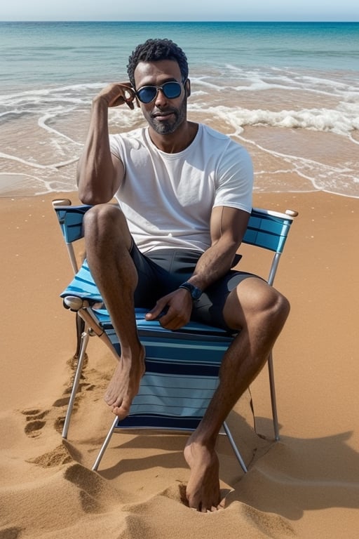 Draw a man sitting in a chair, in the beach, using glasses 