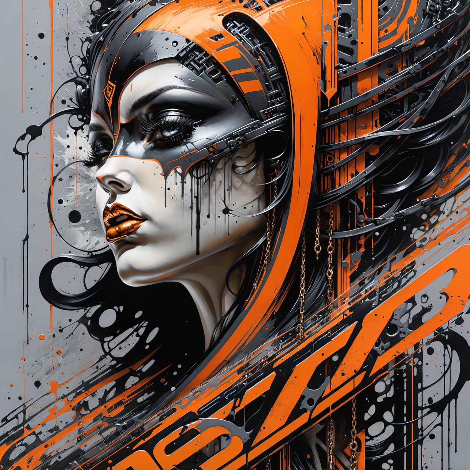 Ultra wide photorealistic medieval gothic "SKENETRA" lettering image, custom design, graffiti, racing serial number, fast stripes, full repro, iron chains in the background, futuristic block. Dark sun, giant cybernetic abstract, rocky path, black and neon orange gray, ink flow - 8k photorealistic masterpiece - by Aaron Horkey and Jeremy Mann - detail. liquid gouache: Jean Baptiste Mongue: calligraphy: acrylic: color watercolor, cinematic lighting, maximalist photo illustration: marton Bobzert: 8k concept art, intricately detailed realism, complex, elegant, vast, fantastical and psychedelic, dripping with paint,