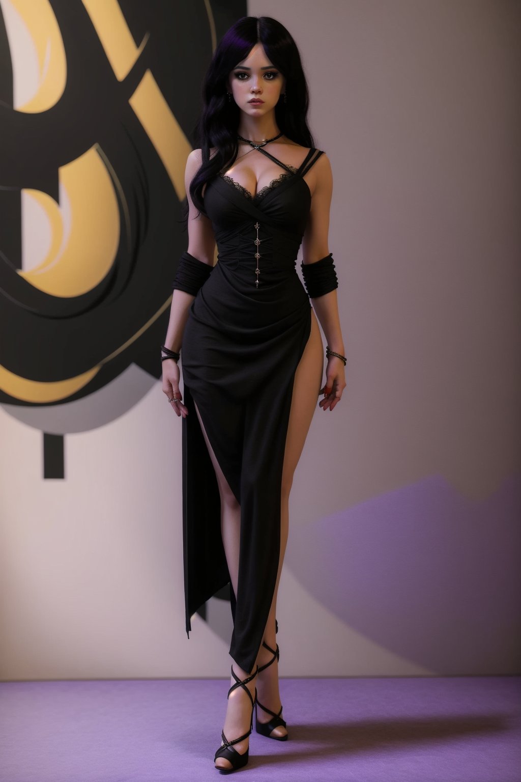 yennefer from the witcher, regal, purple eyes, black dress, high quality, high_res, delicate features, square jaw, androgynous, korean, detailed face, portrait, full body, SMMars, good anatomy, detailed eyes, face, stockings, thighhgihs, best quality, detailed face and eyes, (detailed pupils), detailed body, high_heels, highheels