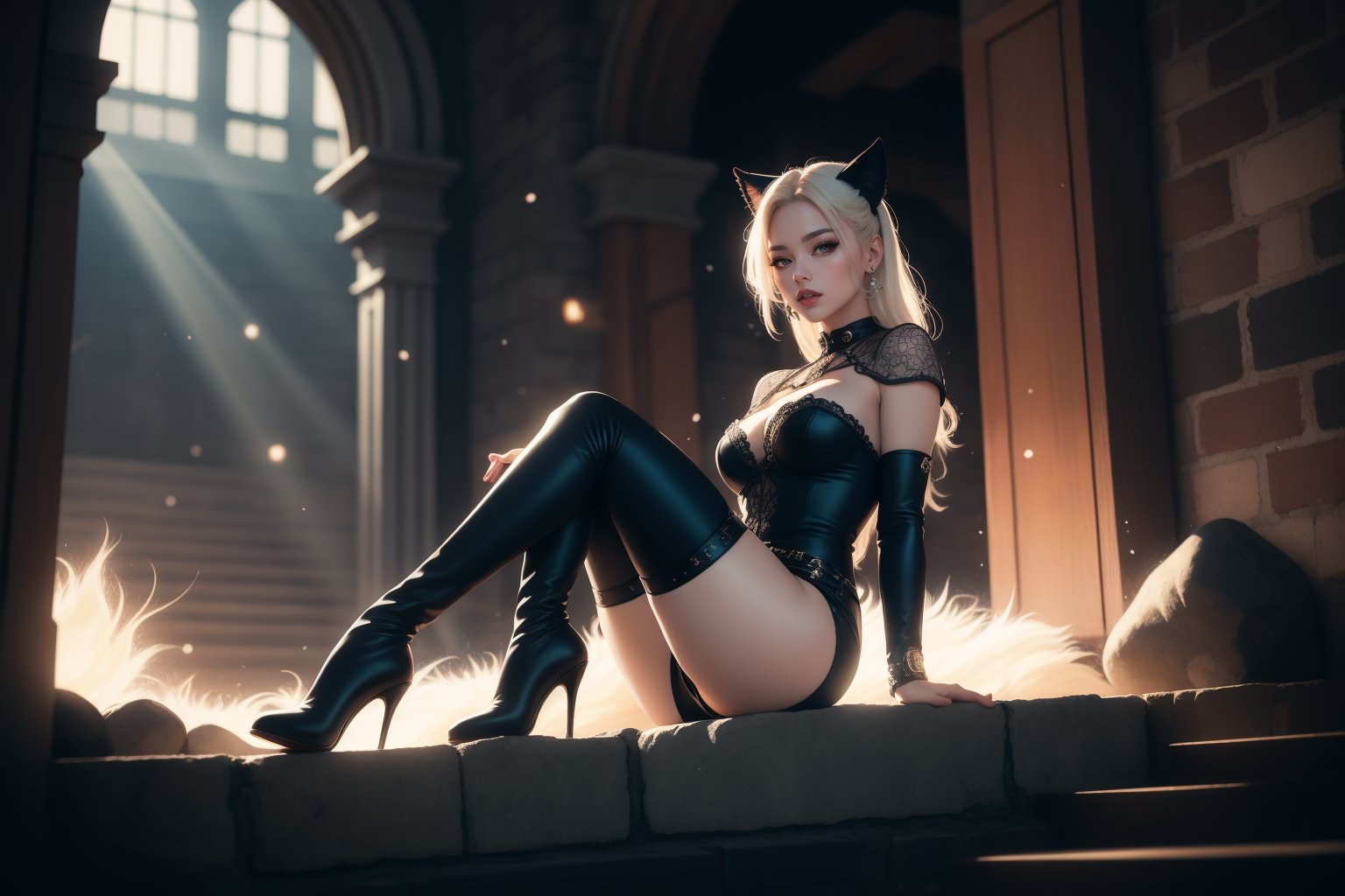 A Ultra realistic, ((full body)), full-body_portrait, a stunningly  ultra highly detailed, fantasy acrylic painting, lalisa from blackpink, lalisa, kitsune dominatrix as a kpop idol, princess, dominatrix, kitsune, ninja kitsune, smokey eyes, perfect face, white hair, skirt, black stockings, thigh_highs, (((thigh high boots))), high heels, black-pink princess, seductive, fantasy, sunlight, sunbeams, castle, cleavage, falling_snow, outdoor, Jeremiah Ketner.  filigree detailed, complex background, dynamic lighting, lights, digital painting, erotic pose, highly detailed  filigree, intricated, cute, surreal, masterpiece, high quality,   best quality, perfect detailed, ultra sharp focus