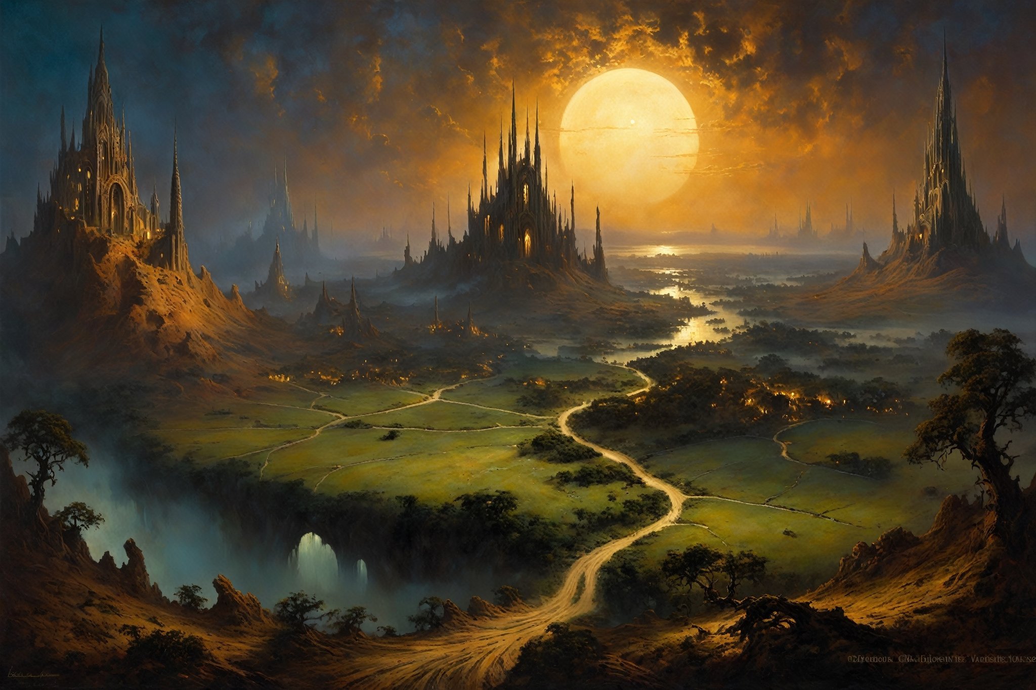 Sci -Fi,  savanna Planet Landscape with Gothic-city with dream Garden,  by night by Ollmer on Tensor.Art