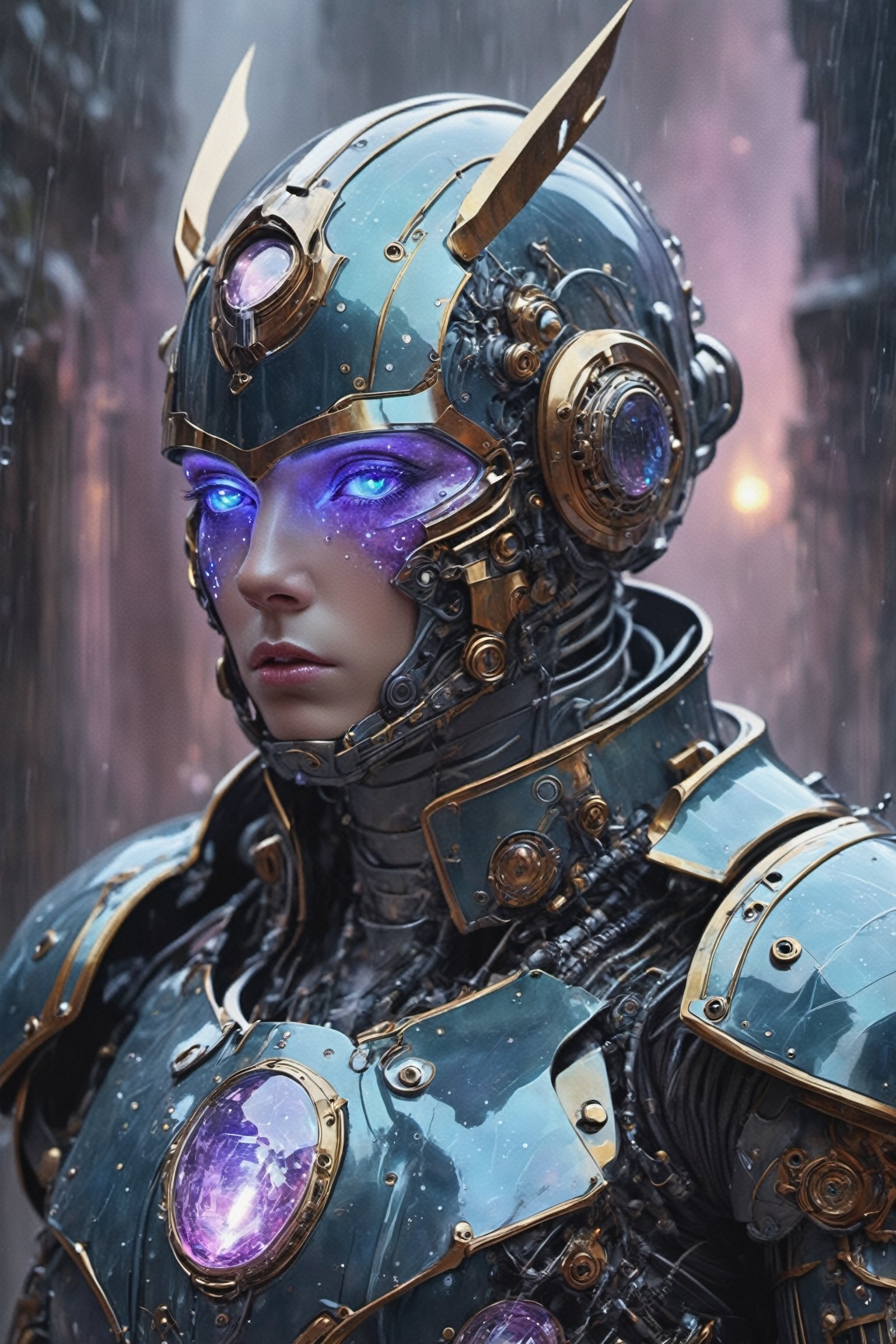 anime of a full body portrait of a cyborg knight in a horror environment by Ryan Hewett,  rain storm ,  DonMC3l3st14l3xpl0...
