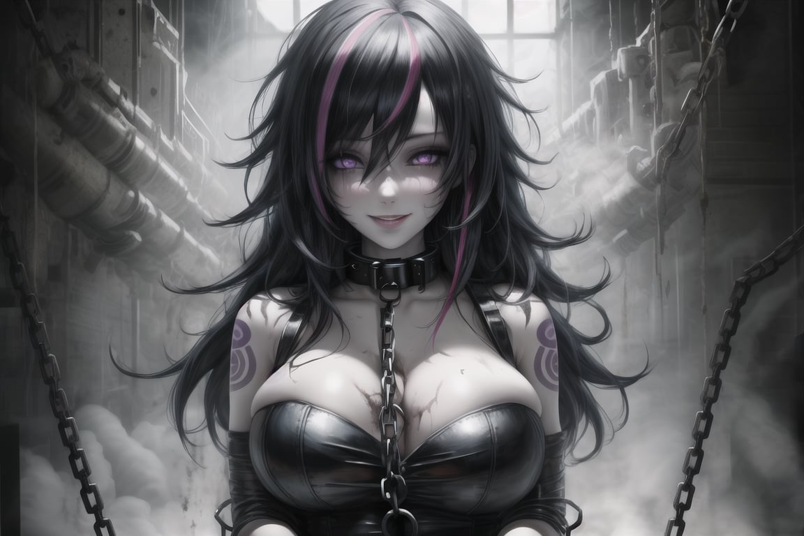 Masterpiece, Best quality, High resolution, Voluptuous woman, Prisoner, shackles on hands, Only woman, Curves, Masterpiece, Big breasts, Happy, dirty, black and white striped cloth prisoner clothes, rusty chains, messy hair , devious smile, desolate dark background, torn prisoner's clothes, long black and purple streaked hair, purple eyes, chained body, padlocked collar, desolate prison, dirty body and face, tattoos, dirty hair, pale skin,