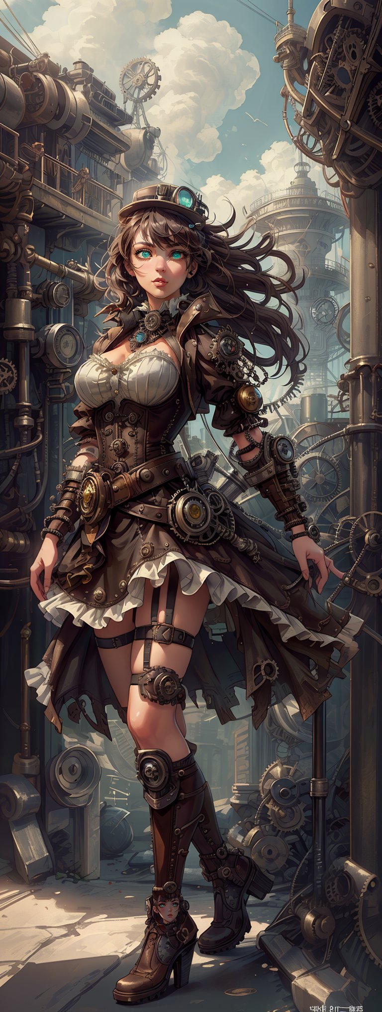 (best quality, masterpiece:1.2), ultra high res, realistic, front lighting, intricate detail, Exquisite details and textures, (detailed face, high quality eyes), cute girl, alone, solo, long dark hair, light bangs, strong wind, heterochromia, short puffy skirt, tutu skirt, corset, waist belts, hip belts, high heeled boots, (steampunk world, elaborate background, steampunk city, airships in the sky, various complex mechanisms, gears, lenses), (binocular), soft light, clear sunny day, random angle,