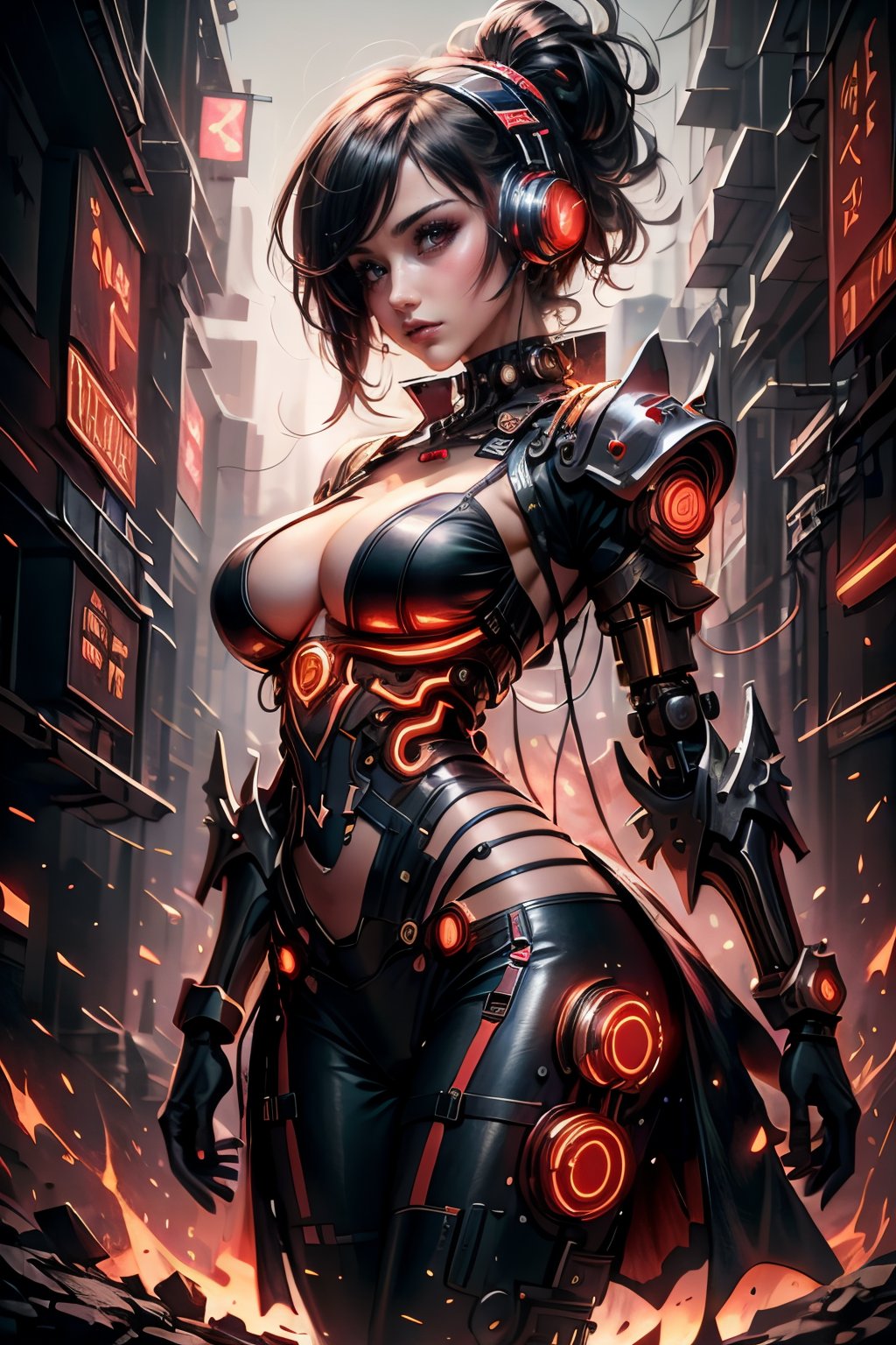 Girl, elf, cyber mage cast spell, gem, vibrant colors, (((cyberpunk style))), bob hair, (dynamic pose), night, soft lighting, Detailedface, Highres, best quality, extremely detailed, area lighting in background, HD, 8k, extremely intricate:1.3), realistic, GlowingRunes_red, powerfull magic, magic particles, 1girl, beautiful figure, thin waist, wide hips, big breasts, sci fi clothes,