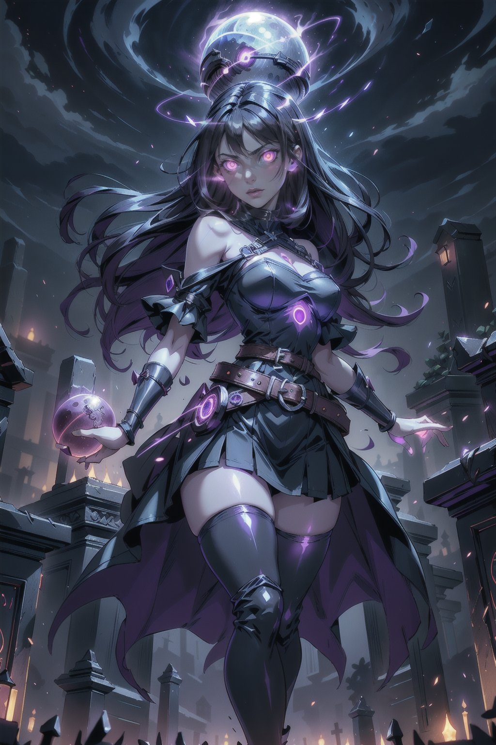 cute girls, necromancer, dark witch, high_res, best quality, extremely detailed, HD, 8k, 1girl, (glowing eyes:1.4), long brunette, black hair, power pose, (dark purple tones:1.3), beautiful figure, thin waist, wide hips, scarlet lips, sparcles, particles, long skirt, glowing trails, liquid dark, dinamic angle, cloack, monk dress, cemetery, complex_background, (belts, floating books, liquid dark energy, shadows), fullmoon, dark magic, stockings, gloomy environment, dark spirits, glossy skin,