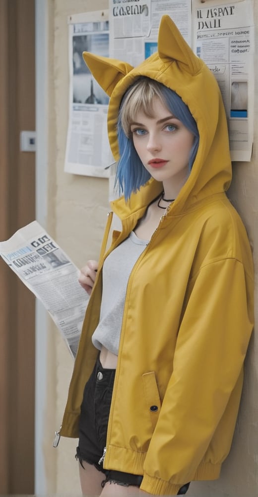 short hair, hair flowing over, messy hair, blue eyes, choker, closed mouth, collar, dog tail, hand in pocket, hat, hat with ears, hood, hoodie, jacket, yellow jacket, short hair, long sleeves, looking at viewer, nail polish, open clothes, open jacket, newspaper wall background,