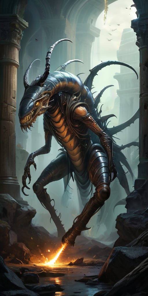 Roaming the ruins of an ancient,  alien city,  a monstrous creature with a centipede-like body and humanoid torso moves wi...