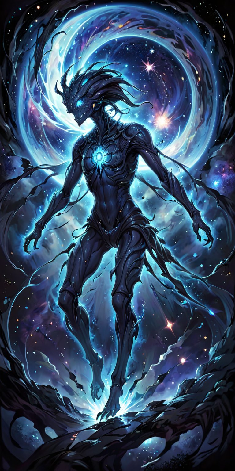 Void Stalker:A sinister alien creature with elongated limbs and a skeletal frame,  its eyes glowing a haunting blue. It fl...