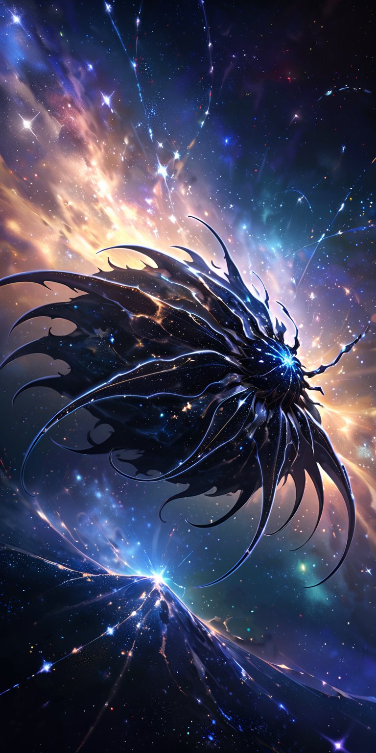 Starfield Beast:A large,  spider-like alien with luminescent spots along its body,  crawling among the stars. The backgrou...