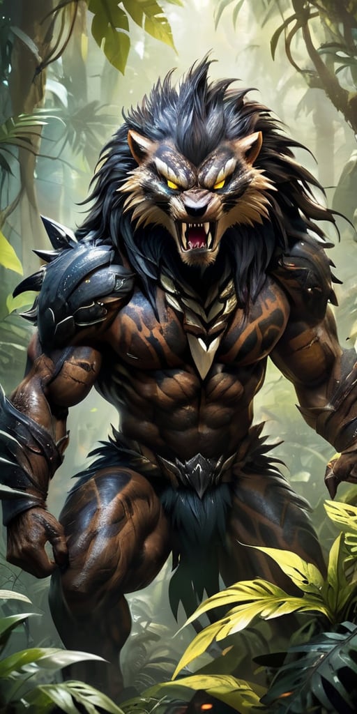 Savage Jungle Predator A fearsome beast lurking in the dense jungle,  with a sleek,  muscular body covered in dark by Capt...