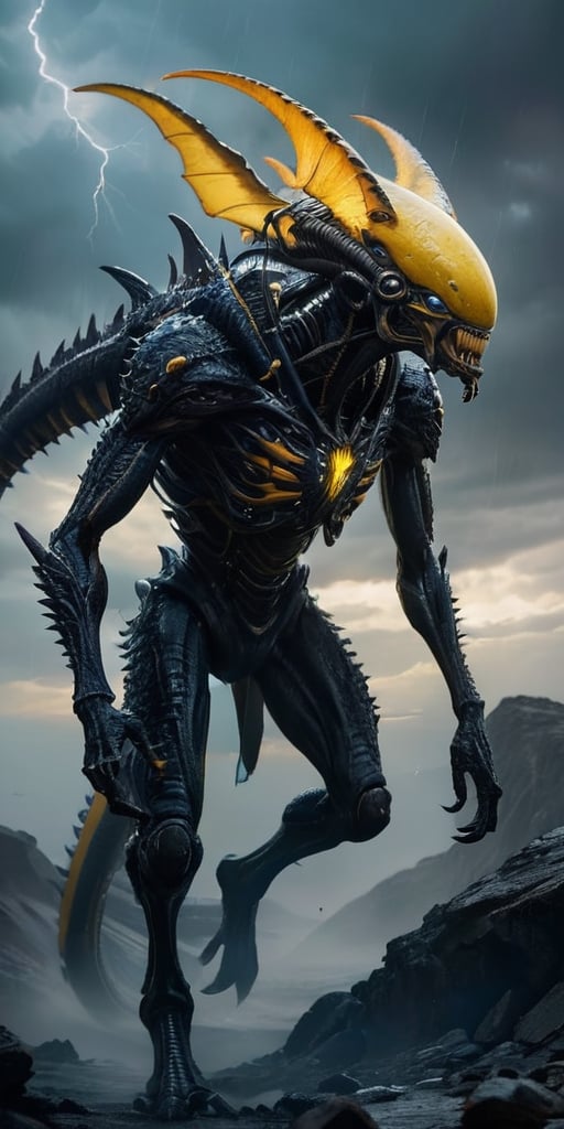 On a desolate,  windswept alien landscape,  a monstrous alien hybrid stalks its prey. Its body is covered in thick by Capt...