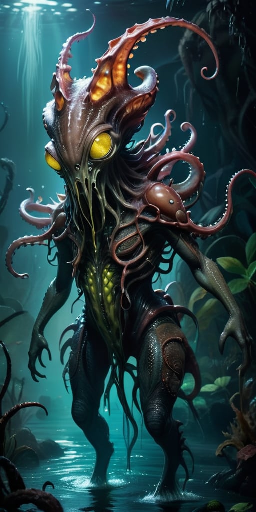Rising from the dark waters of an alien marsh,  a nightmarish alien creature with a cephalopod-like body and reptilian lim...
