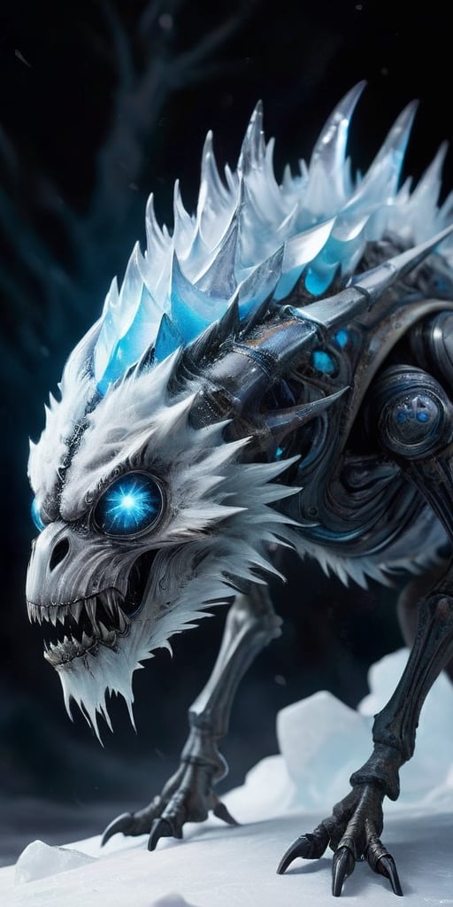 In the icy,  desolate wastelands of an alien moon,  a monstrous hybrid emerges from the frozen ground. Its body is a chill...