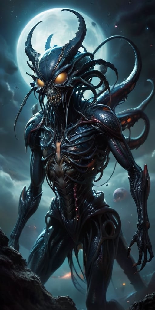Suspended in the dark expanse of space,  a nightmarish creature,  born of both alien and monstrous origins by Caption Mast...