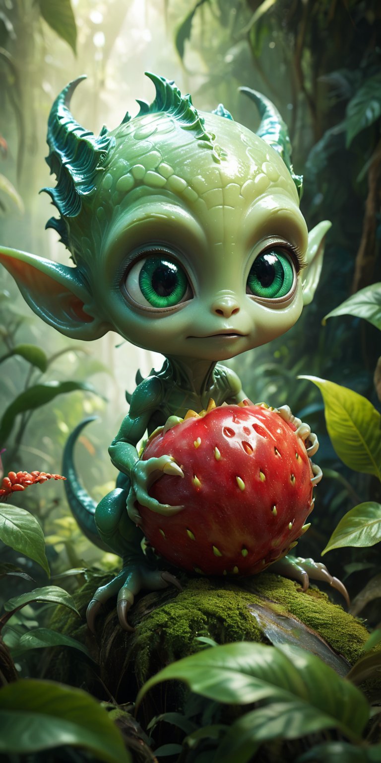 Amid the vibrant foliage of an alien jungle,  a baby alien with bright,  emerald-green skin and a small by Caption Master...
