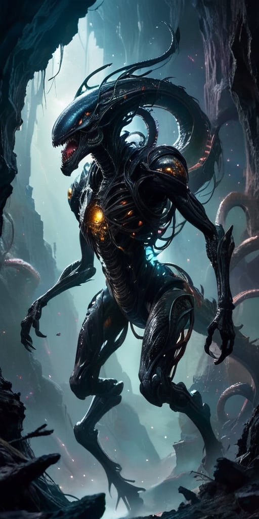 A nightmarish,  hybrid creature emerges from the shadows of a derelict spaceship,  floating in the void of space. Its body...