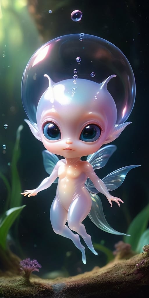 A baby alien with a transparent,  jelly-like body that pulses with a soft,  inner light. It has tiny by Caption Master on...