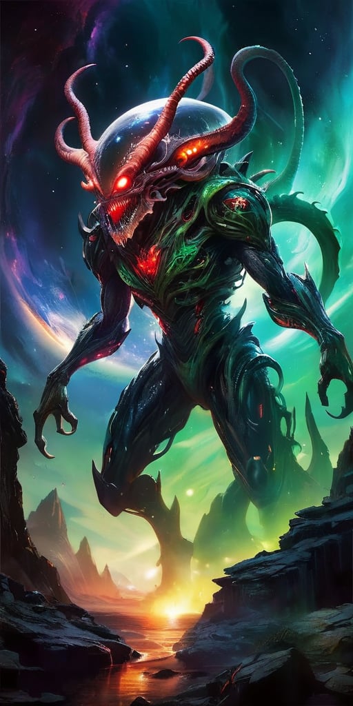 Create an image of a dangerous alien monster in space,  towering over a desolate alien landscape with dark,  armored scale...
