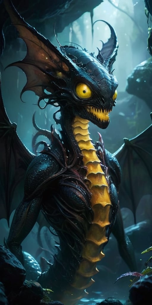 In the depths of a dark,  cavernous alien world,  a monstrous alien hybrid slithers through the shadows. Its body is a gro...