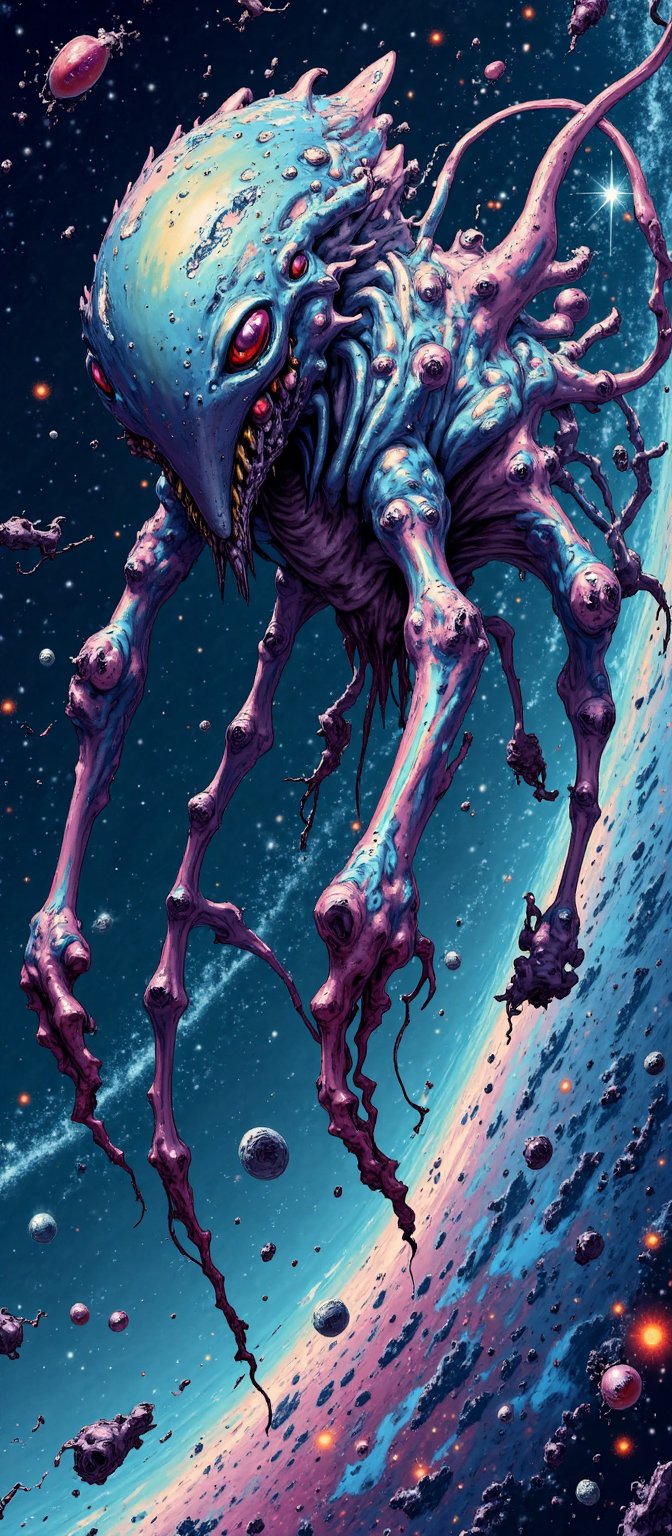 Cosmic Aberration A bizarre alien entity with an asymmetrical body,  multiple limbs,  and eyes scattered randomly across i...