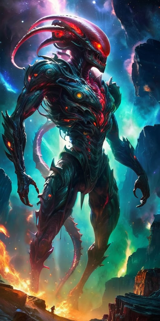 Create an image of a dangerous alien monster in space,  towering over a desolate alien landscape with dark,  armored scale...