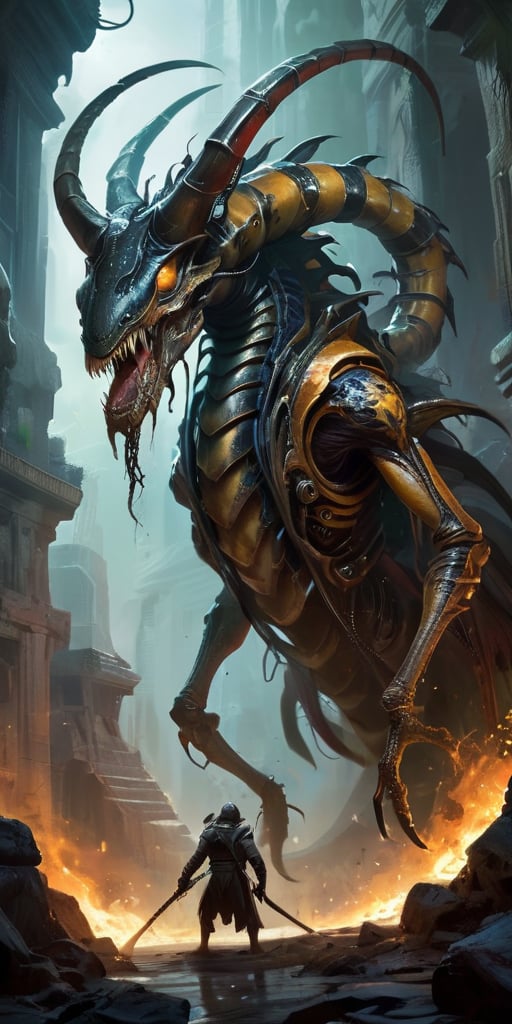 Roaming the ruins of an ancient,  alien city,  a monstrous creature with a centipede-like body and humanoid torso moves wi...