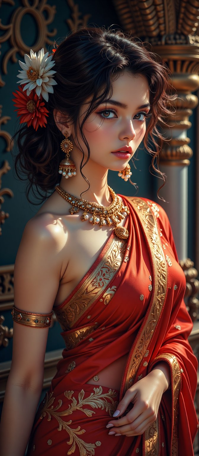 An Indian woman with a captivating gaze,  deep brown eyes,  and wavy hair styled in a loose bun. She is dressed in a red s...