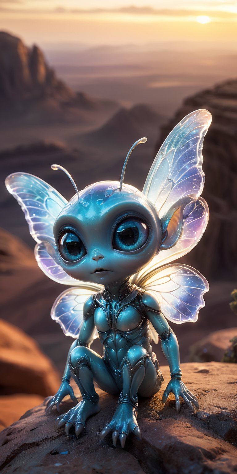 Sitting on a glowing,  crystalline ledge high above a vast alien landscape,  a baby alien with smooth by Caption Master on...
