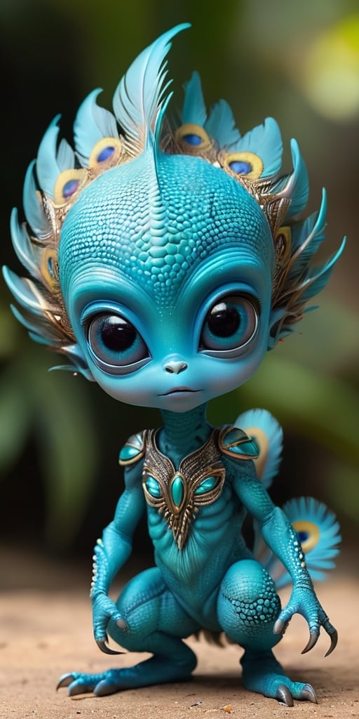 An alien infant with a body that is covered in tiny,  feather-like scales that rustle softly in the breeze. It has large,...