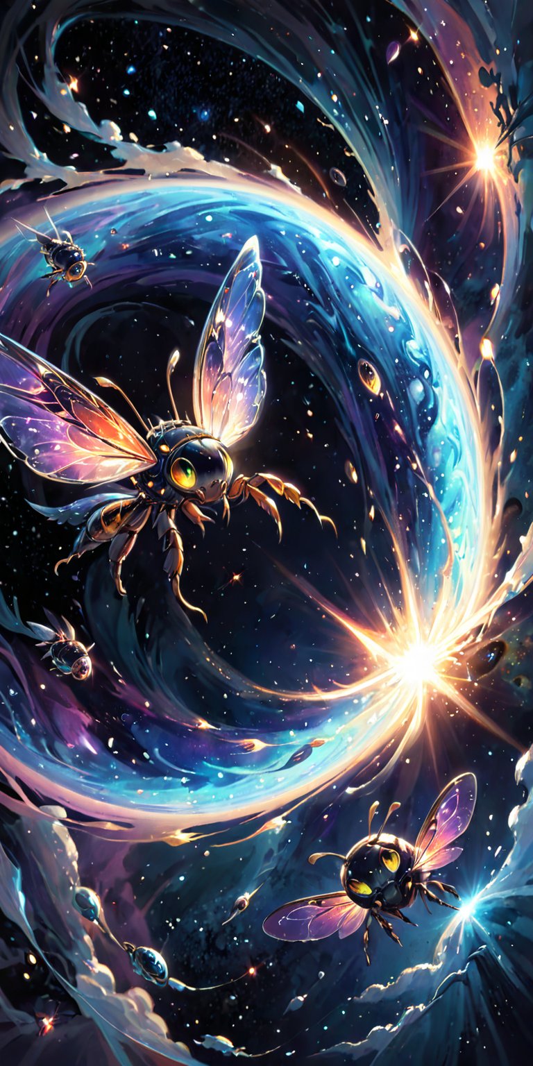 Alien Hivemind:A swarm of small,  insect-like alien creatures with iridescent wings and sharp mandibles,  buzzing menacing...